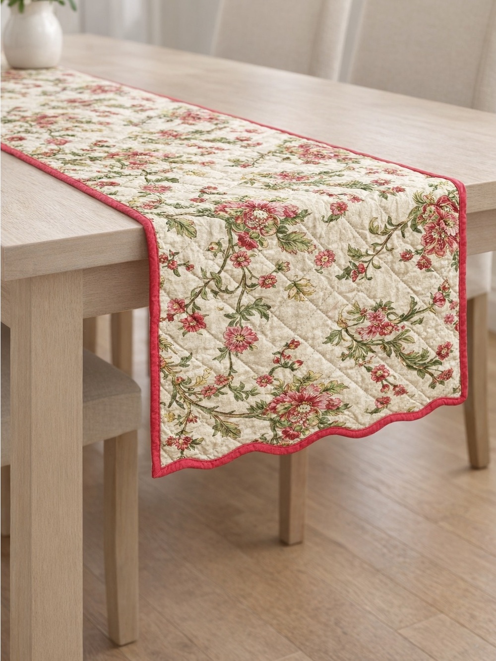 NWT Waverly Table Runner Cloth Quilted Floral Pink and Green Farmhouse 70 X 14